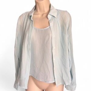 Charter Club Vintage 6 Petite 100% Silk Crinkle Button Blouse & Cami Set Blue